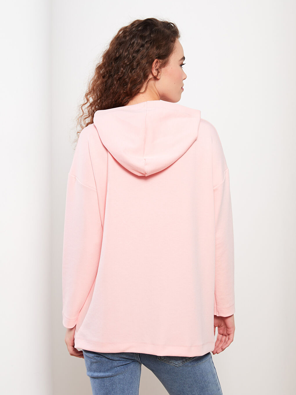 LCW Modest Açık Pembe Kapüşonlu Düz Uzun Kollu Oversize Kadın Tunik - 5