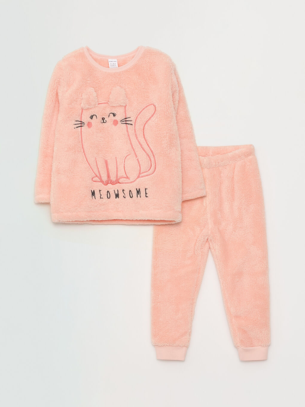 Crew Neck Long Sleeve Embroidery Detailed Baby Girl Plush Pajamas Set