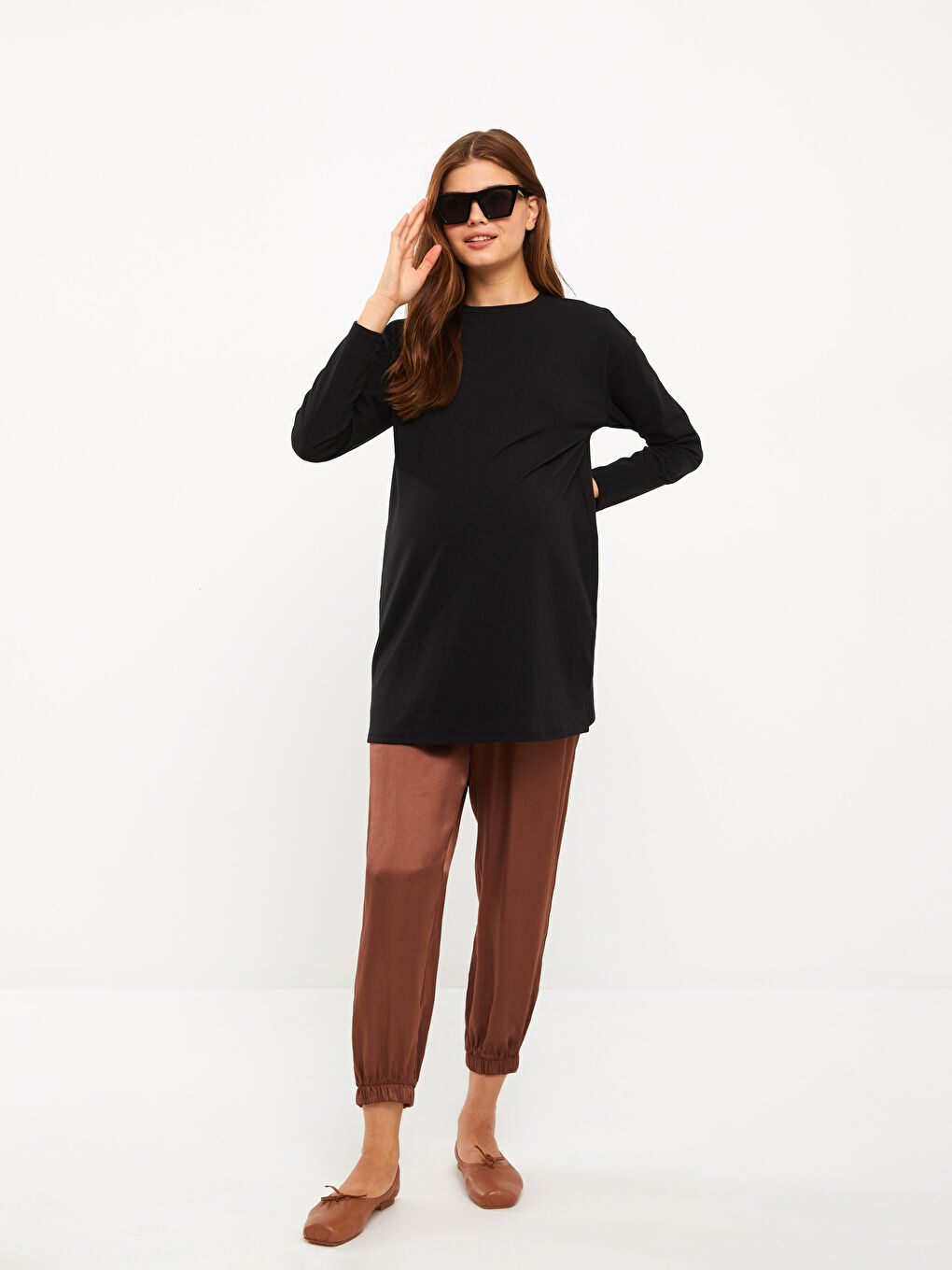 LCWAIKIKI Maternity Bisiklet Yaka Düz Uzun Kollu Hamile Tunik -W2DS67Z8-CVL