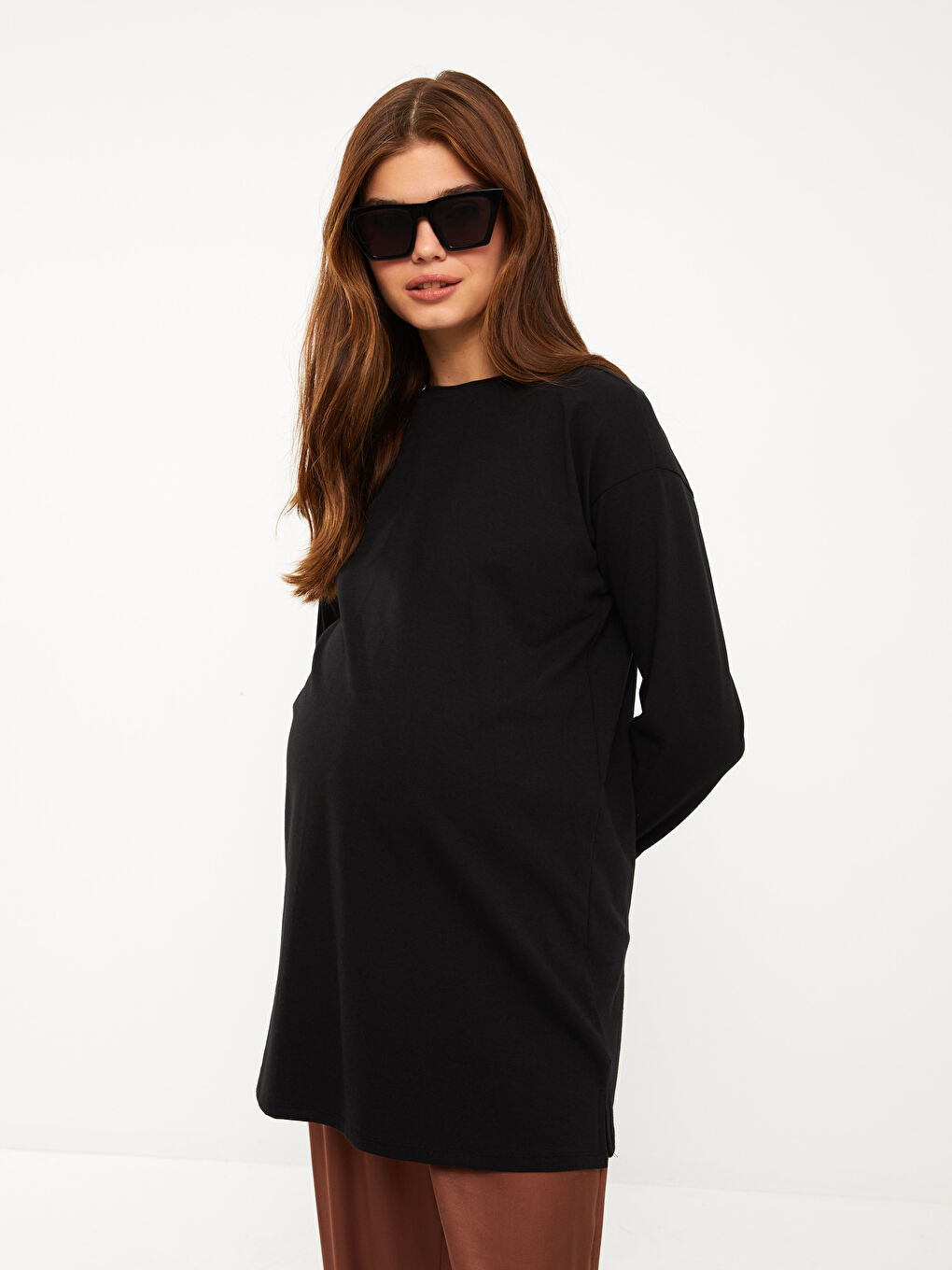 LCWAIKIKI Maternity Bisiklet Yaka Düz Uzun Kollu Hamile Tunik -W2DS67Z8-CVL