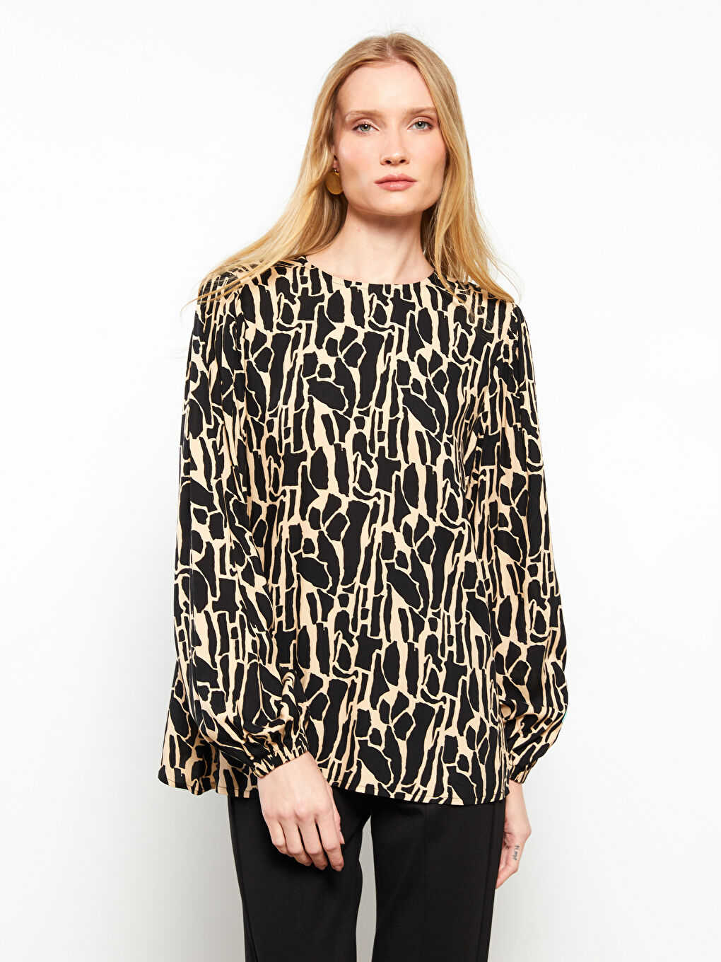 Karışık Bisiklet Yaka Desenli Uzun Kollu Viskon Kadın Bluz