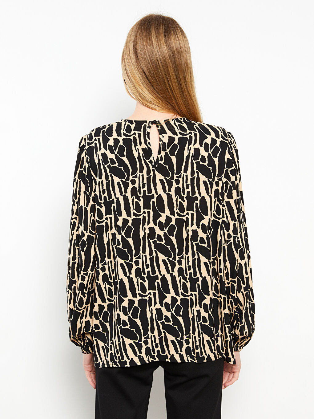 Karışık Bisiklet Yaka Desenli Uzun Kollu Viskon Kadın Bluz-4