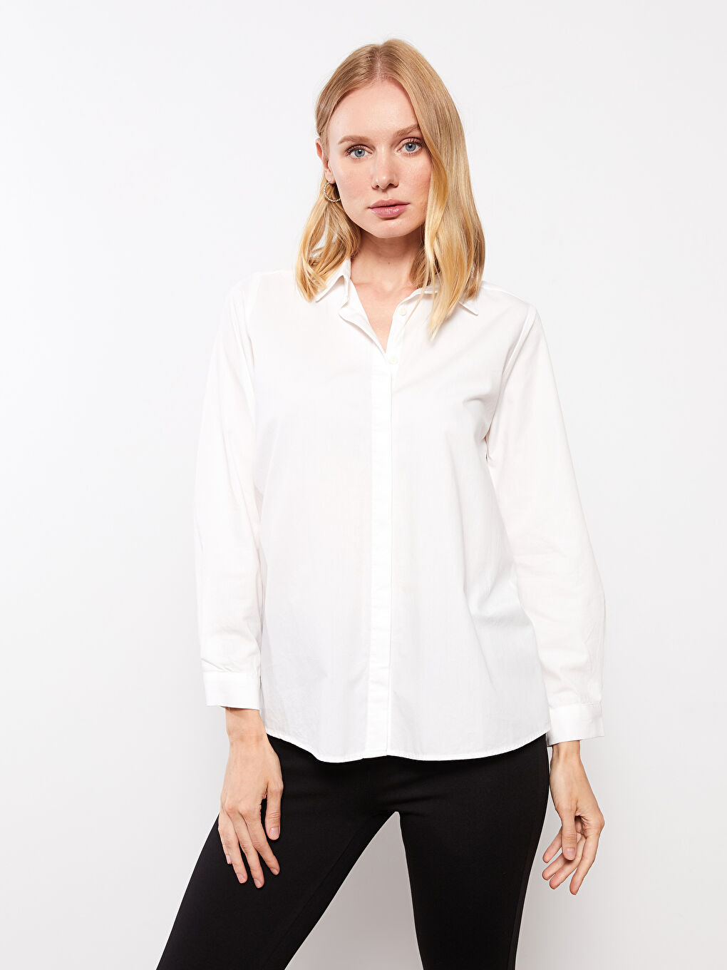 Риза за жени с копчета, редовна кройка, дълъг ръкав, поплин