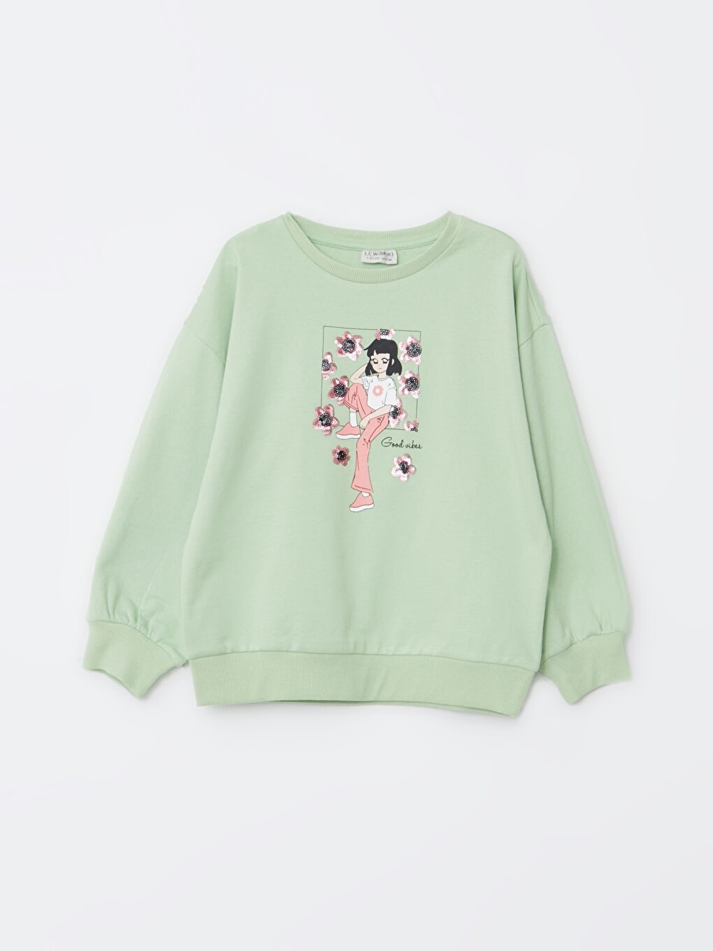 سويتشيرت و سروال رياضي بكم طويل مطبوع بكول مدور ديال البنات-1