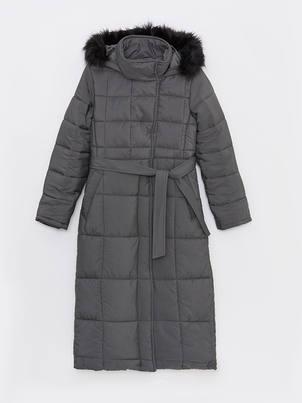 Antrasit Kürk Detaylı Kapüşonlu Düz Uzun Kollu Kadın Şişme Mont-6