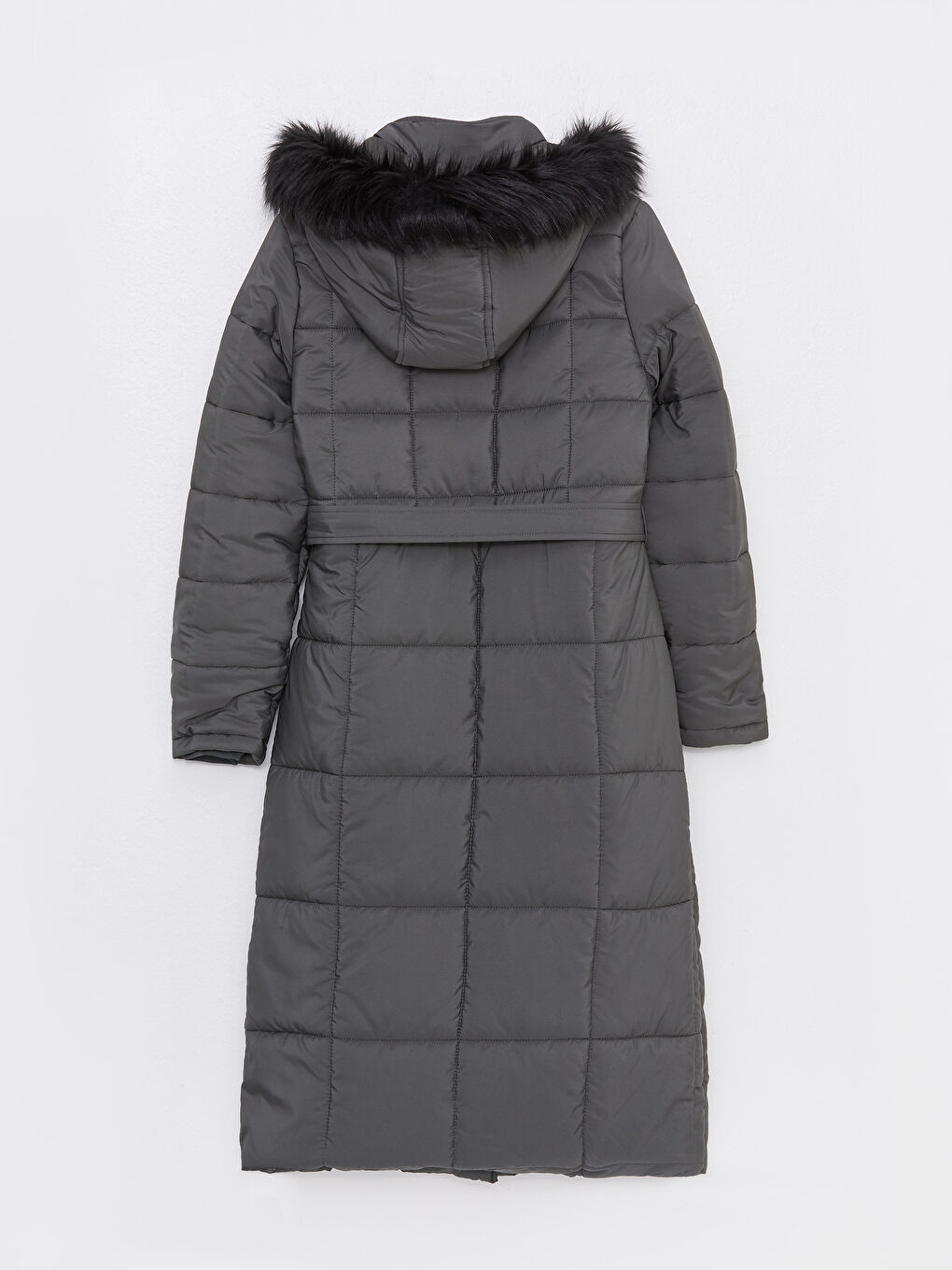 Antrasit Kürk Detaylı Kapüşonlu Düz Uzun Kollu Kadın Şişme Mont-7