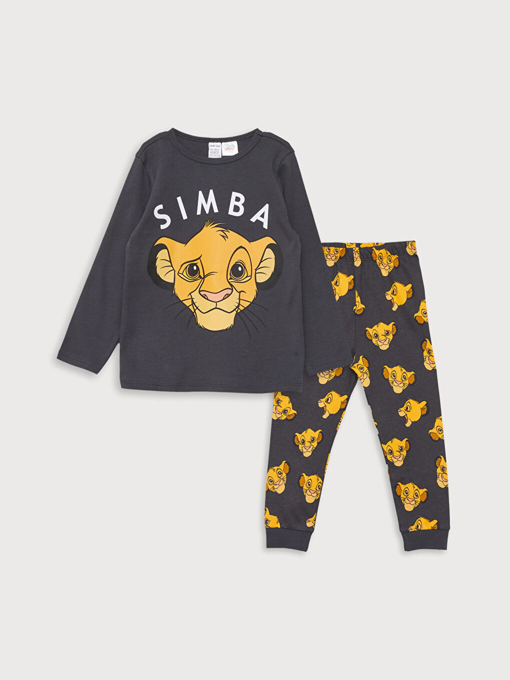 Gri Bisiklet Yaka Uzun Kollu Aslan Kral Baskılı Erkek Bebek Pijama Takımı