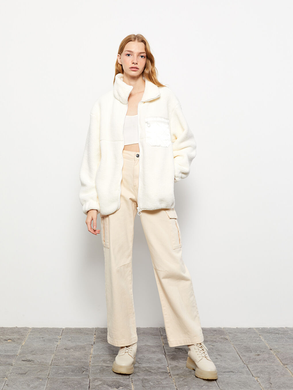 Ekru Dik Yaka Kadın Spor Hırka-2