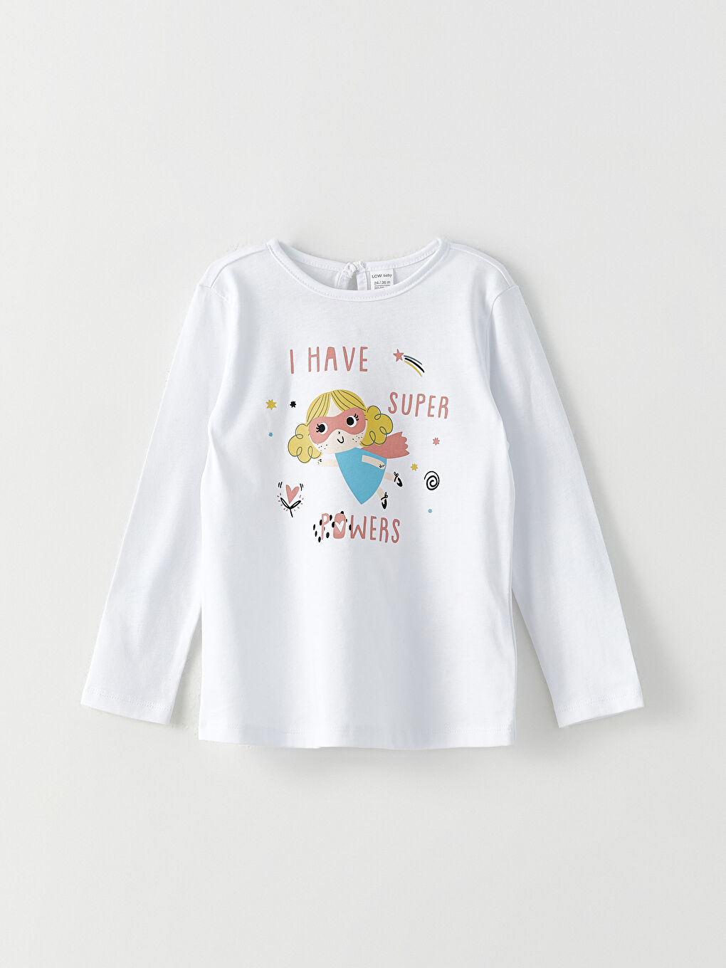 Beyaz Bisiklet Yaka Uzun Kollu Baskılı Kız Bebek Tişört