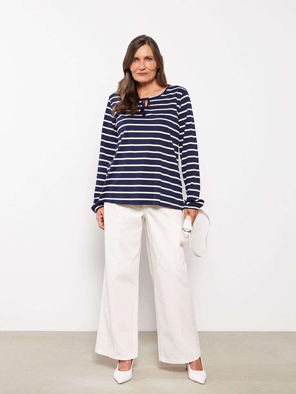 LC Waikiki Tie Neck Striped Long Sleeve Cotton Women's T-shirt -W2DU88Z8-LEN