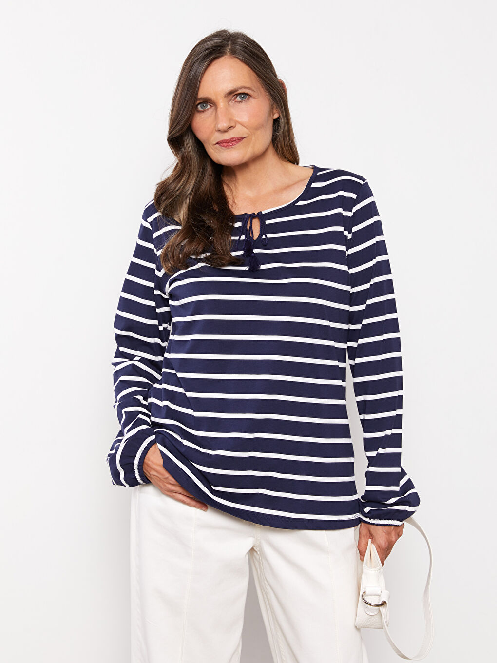 LC Waikiki Tie Neck Striped Long Sleeve Cotton Women's T-shirt -W2DU88Z8-LEN