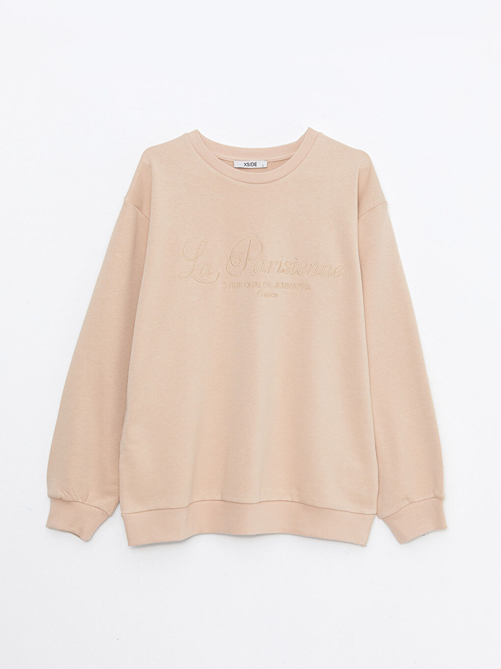 Bej Bisiklet Yaka Nakışlı Uzun Kollu Kadın Sweatshirt-5