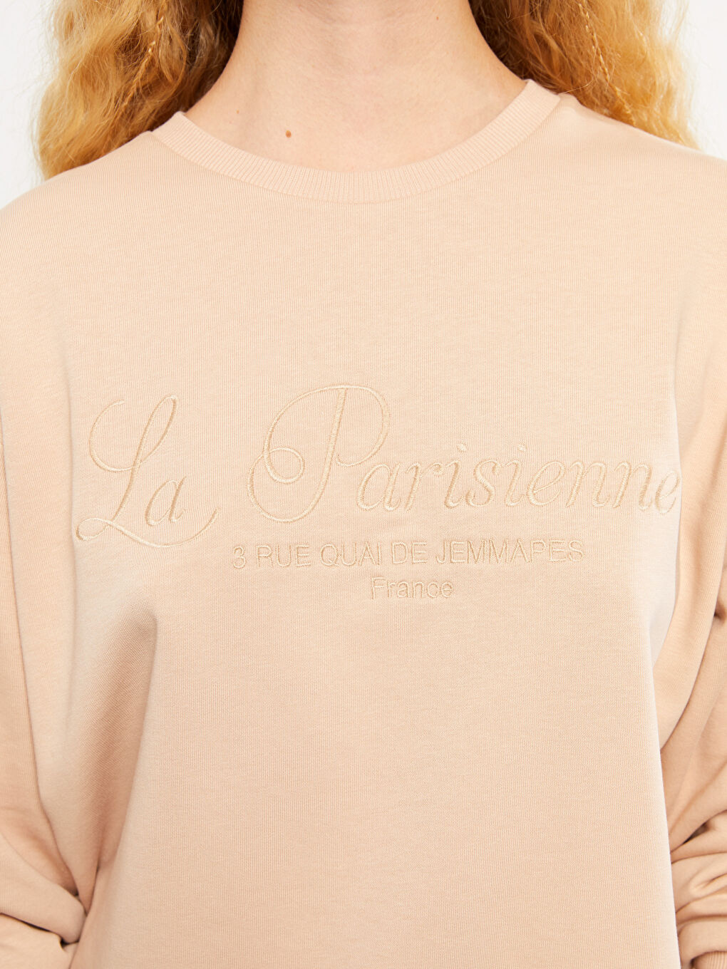 Bej Bisiklet Yaka Nakışlı Uzun Kollu Kadın Sweatshirt-3