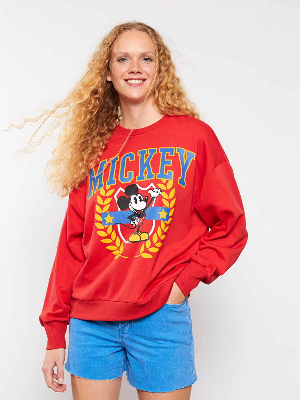 XSIDE Kırmızı Bisiklet Yaka Mickey Mouse Baskılı Uzun Kollu Kadın Sweatshirt