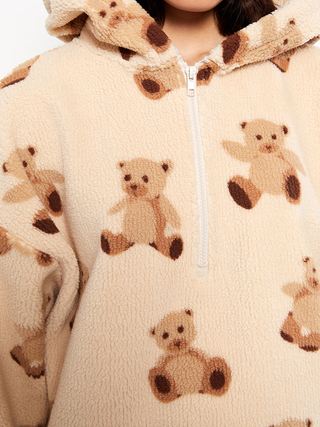 Ekru Kapüşonlu Desenli Uzun Kollu Kadın Pelüş  Sweatshirt-3