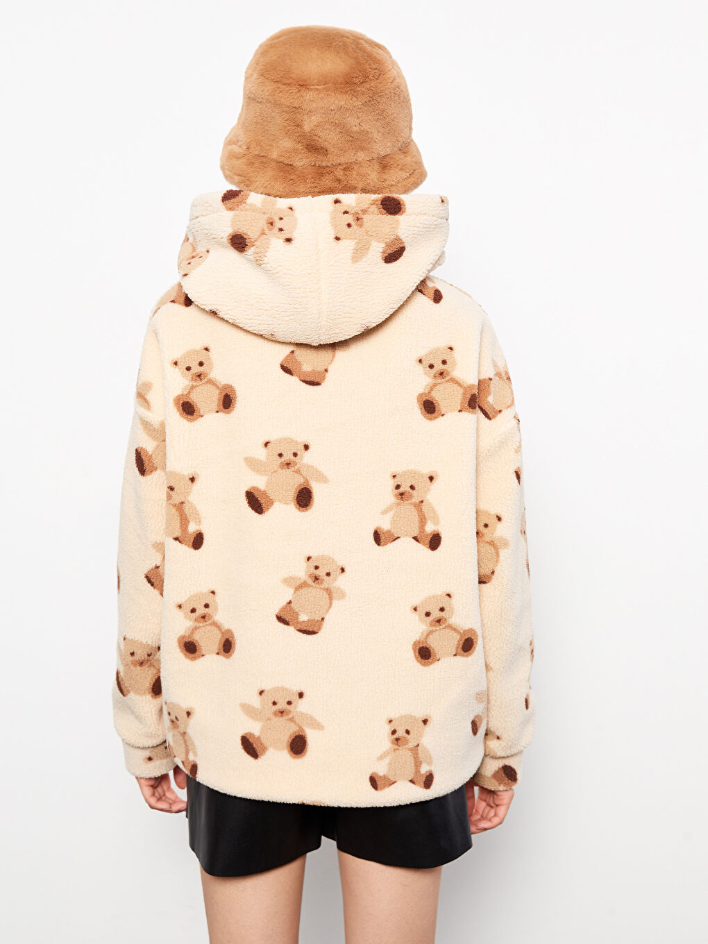 Ekru Kapüşonlu Desenli Uzun Kollu Kadın Pelüş  Sweatshirt-4