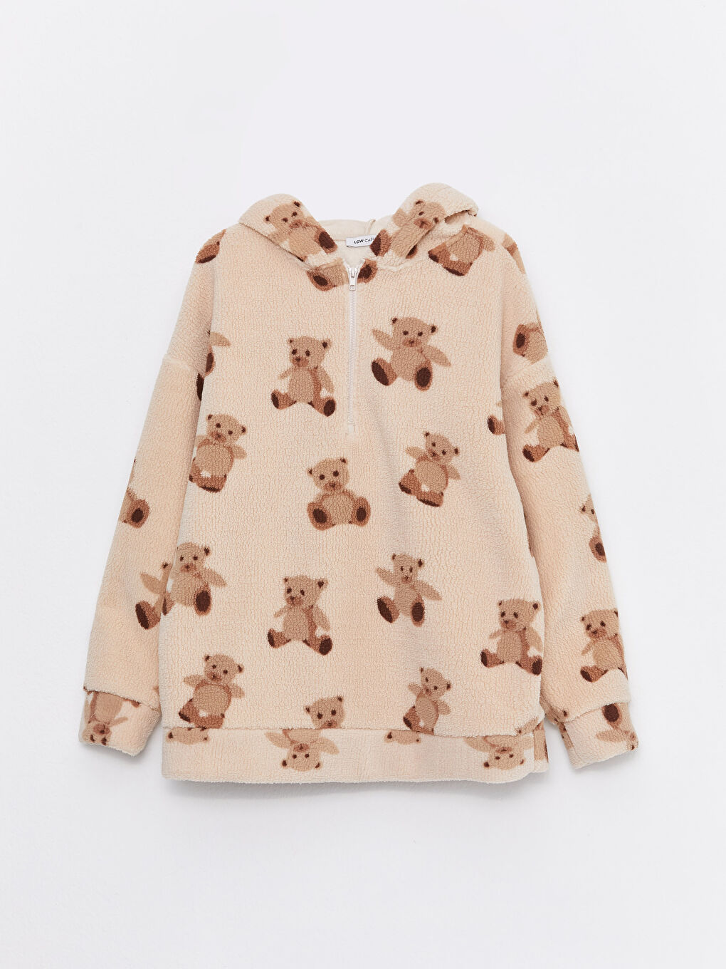 Ekru Kapüşonlu Desenli Uzun Kollu Kadın Pelüş  Sweatshirt-5