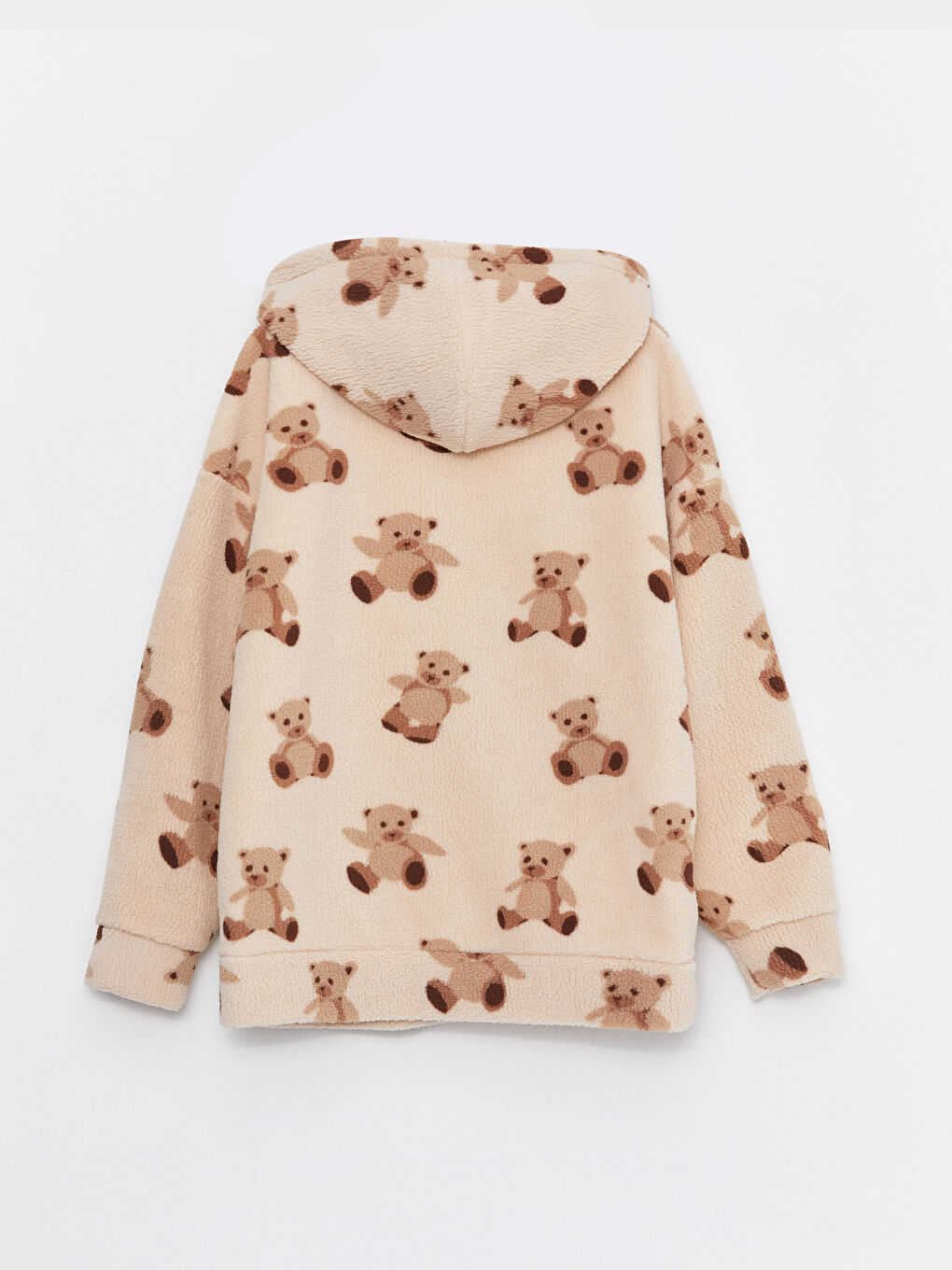 Ekru Kapüşonlu Desenli Uzun Kollu Kadın Pelüş  Sweatshirt-6