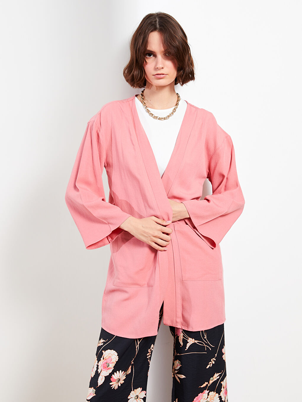 LCW Vision Mat Pembe Şal Yaka Kadın Kimono