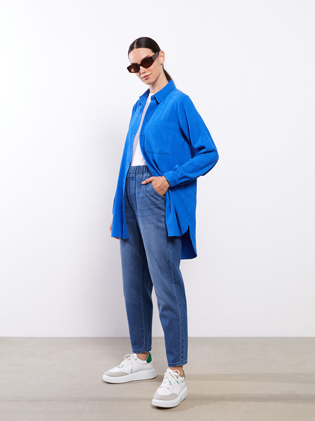 İndigo Beli Lastikli Harem Kadın Jean Pantolon