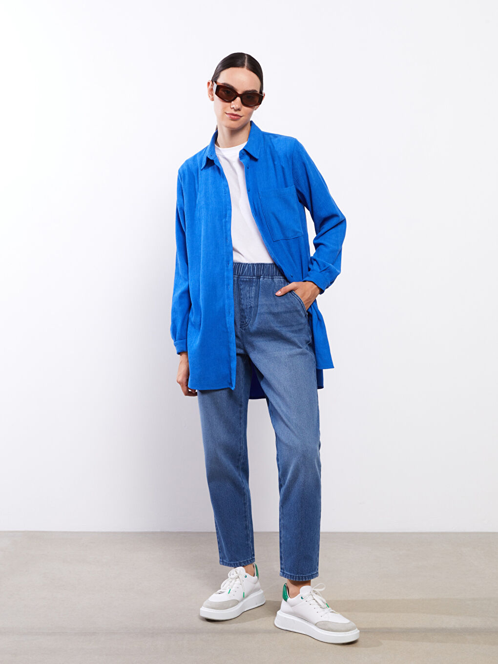 İndigo Beli Lastikli Harem Kadın Jean Pantolon-1