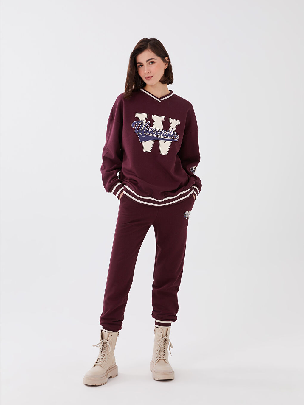 LCW Vision Bordo V Yaka Baskılı Kadın Kalın Sweatshirt - 6