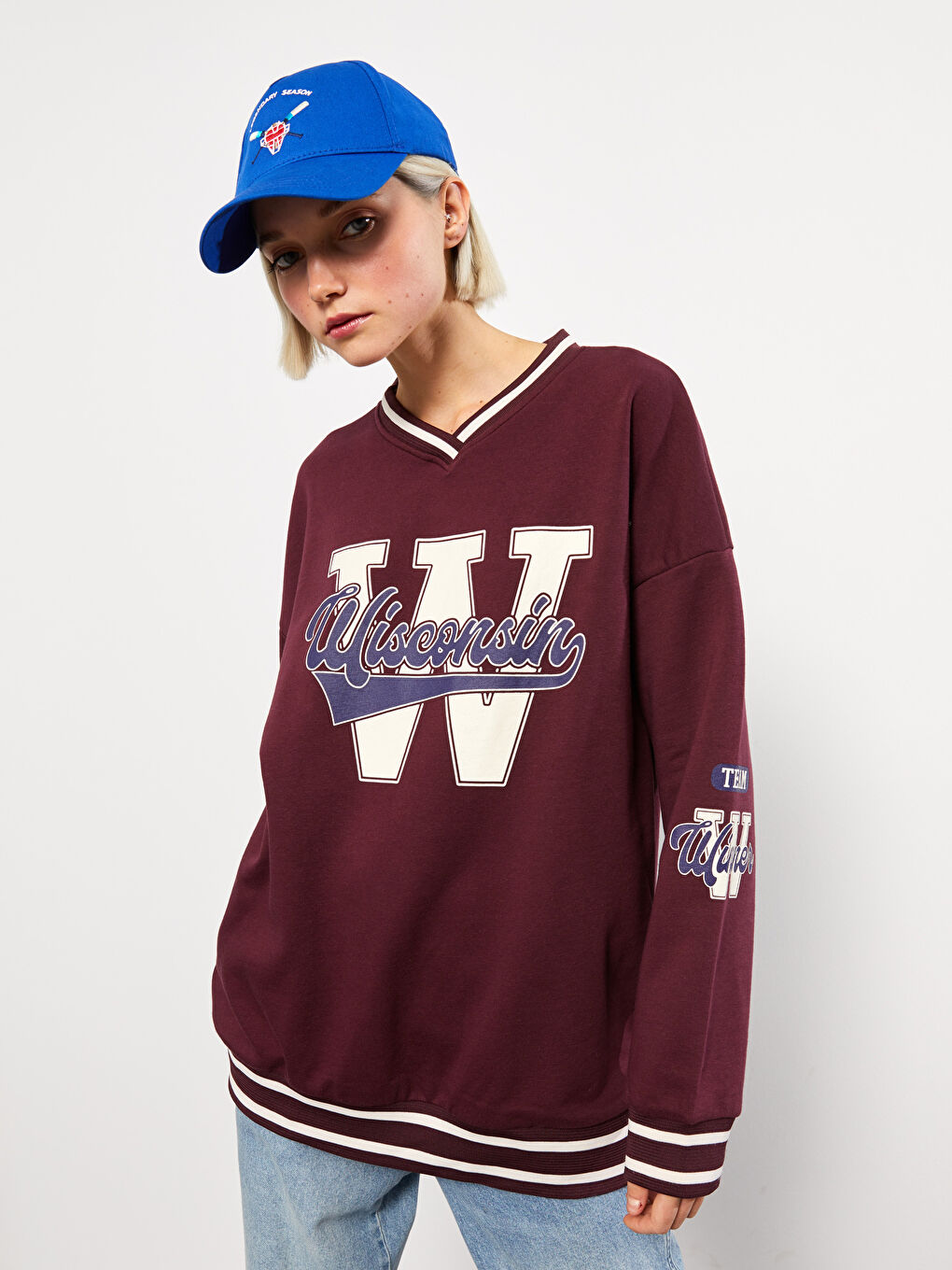 LCW Vision Bordo V Yaka Baskılı Kadın Kalın Sweatshirt - 7