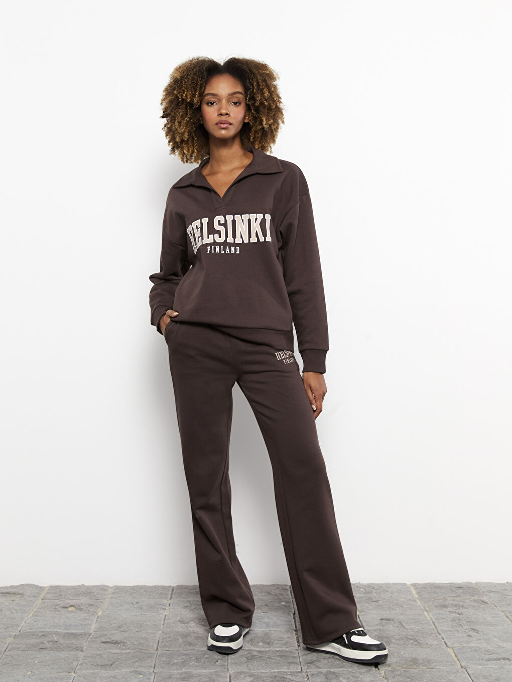 Kahverengi Beli Lastikli Baskılı Kadın Kalın Eşofman Altı