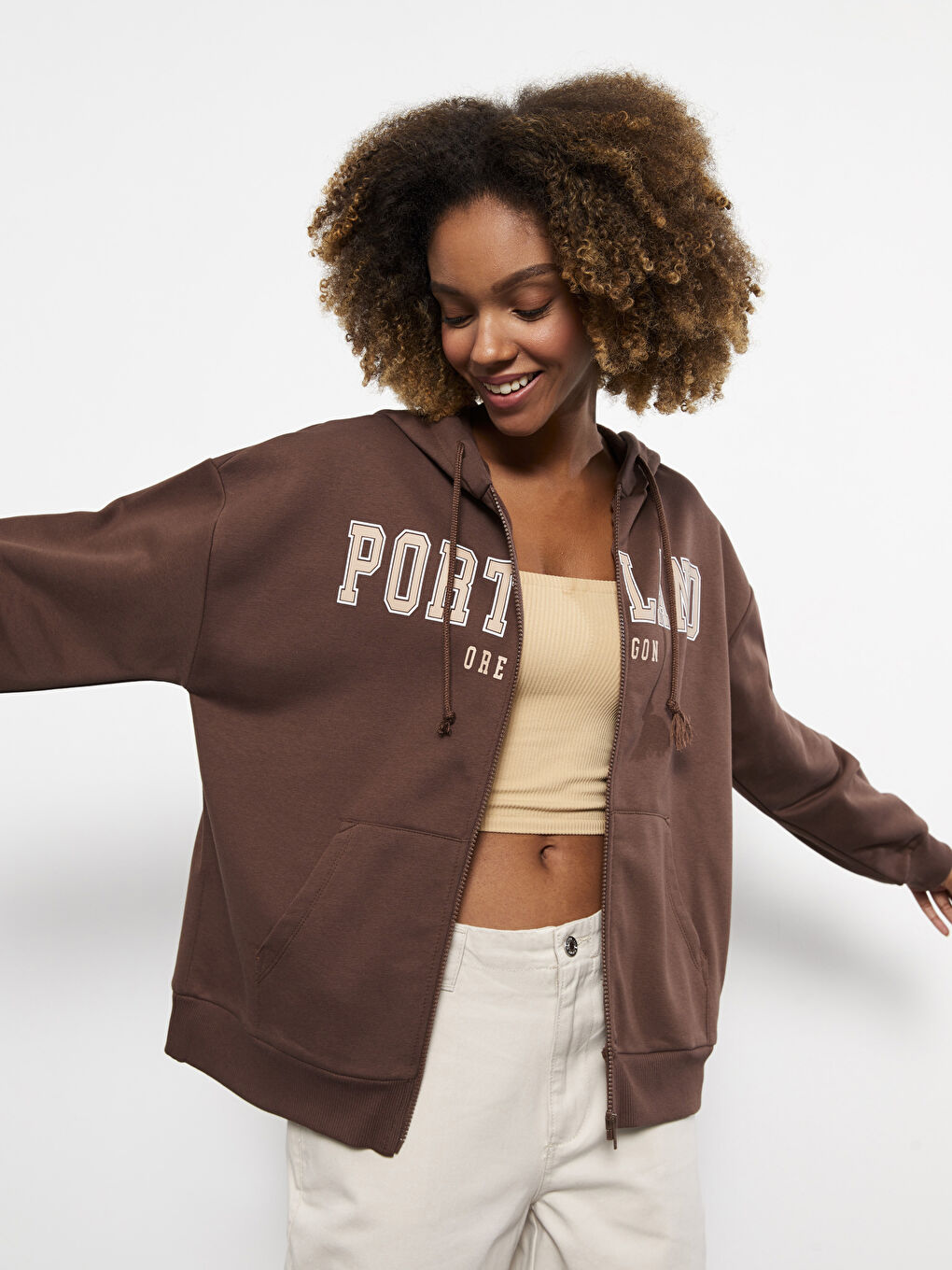 LCW Vision Hooded Printed Oversize Women's Thick Sports Cardigan -W2DY18Z8-HLD