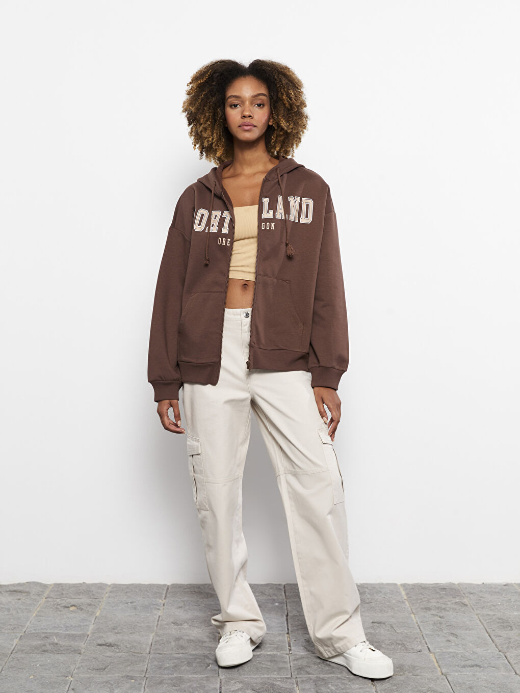 LCW Vision Hooded Printed Oversize Women's Thick Sports Cardigan -W2DY18Z8-HLD