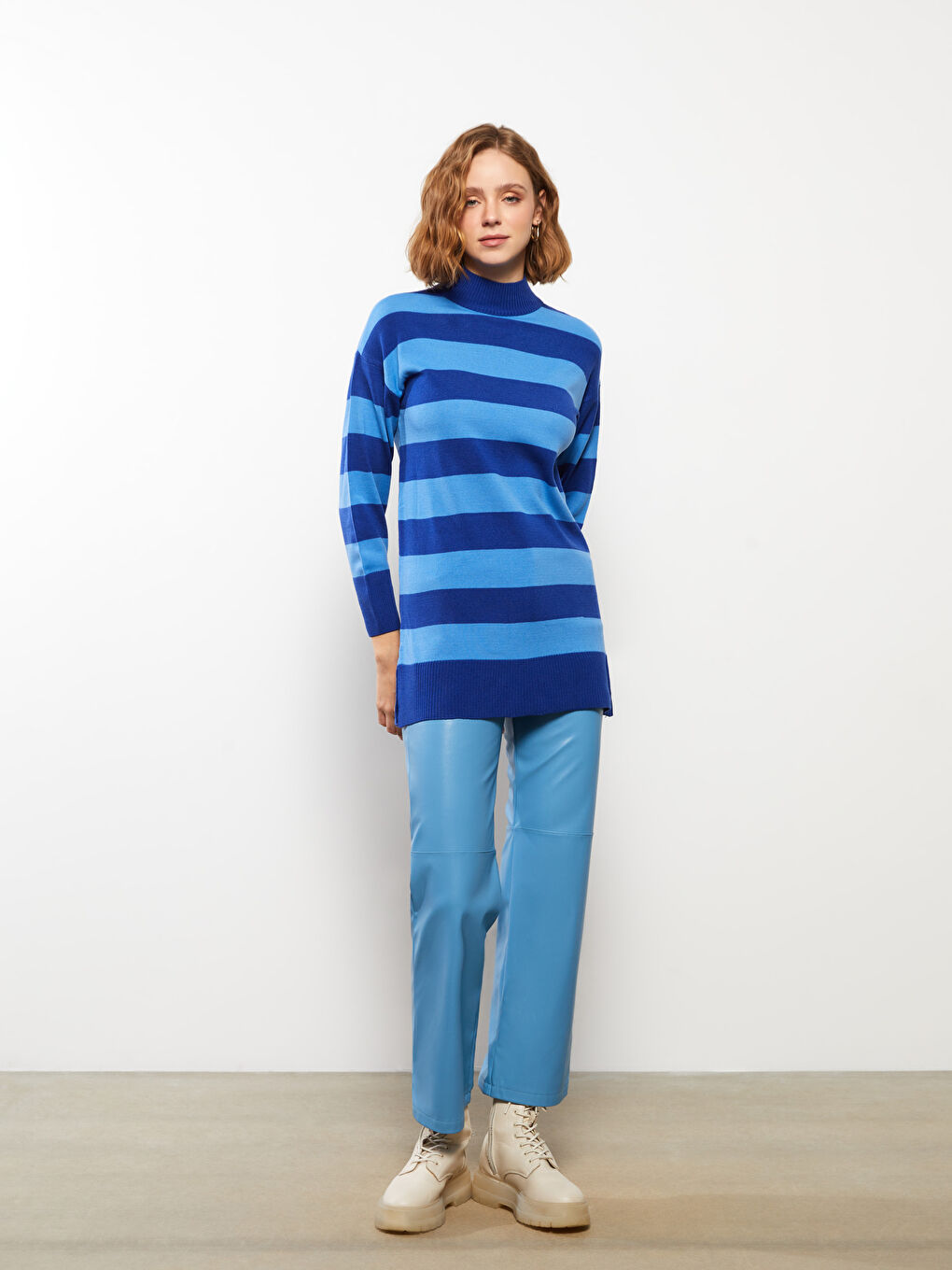 Mavi Dik Yaka Renk Bloklu Uzun Kollu Kadın Triko Tunik-4