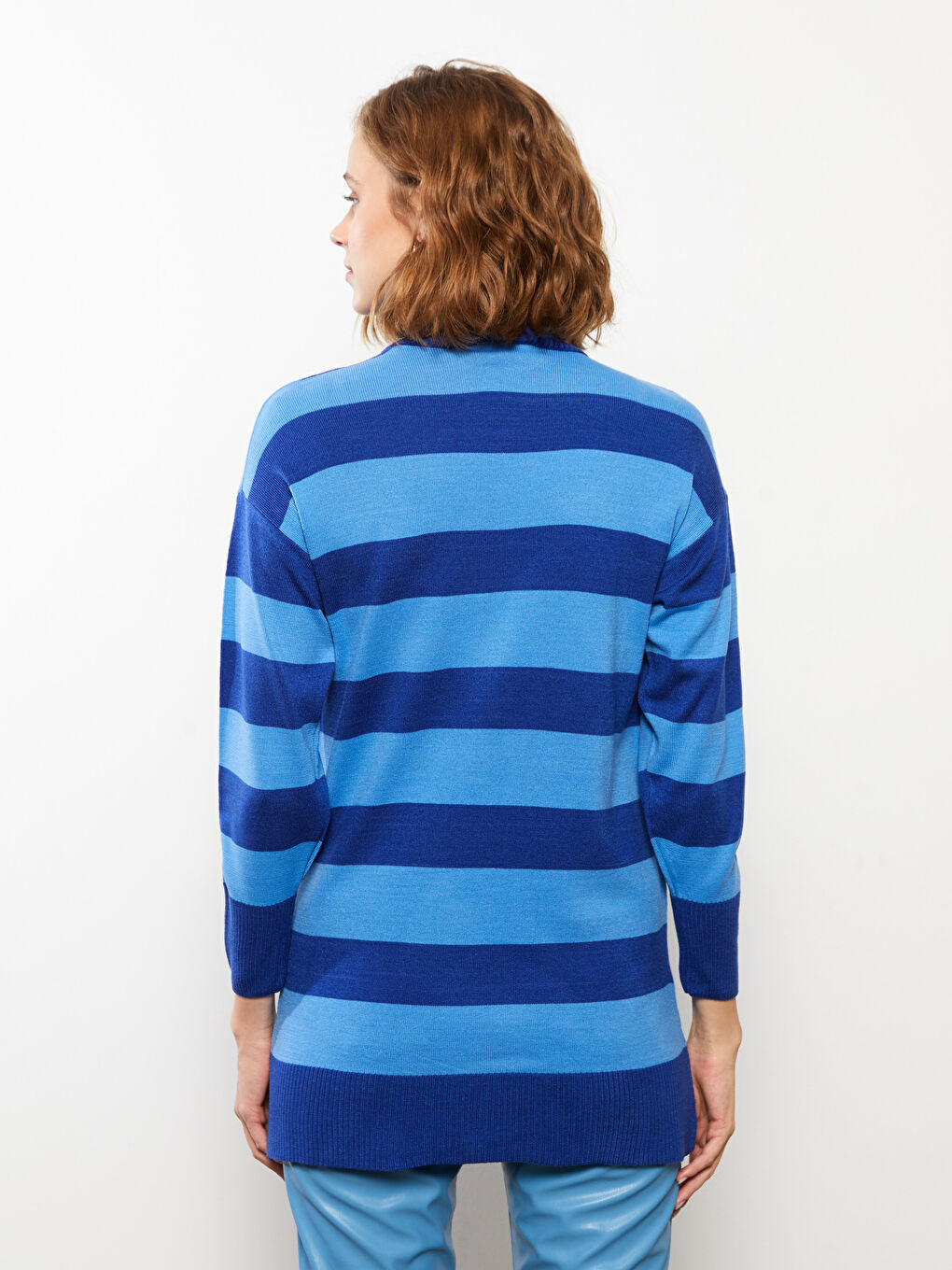 Mavi Dik Yaka Renk Bloklu Uzun Kollu Kadın Triko Tunik-8