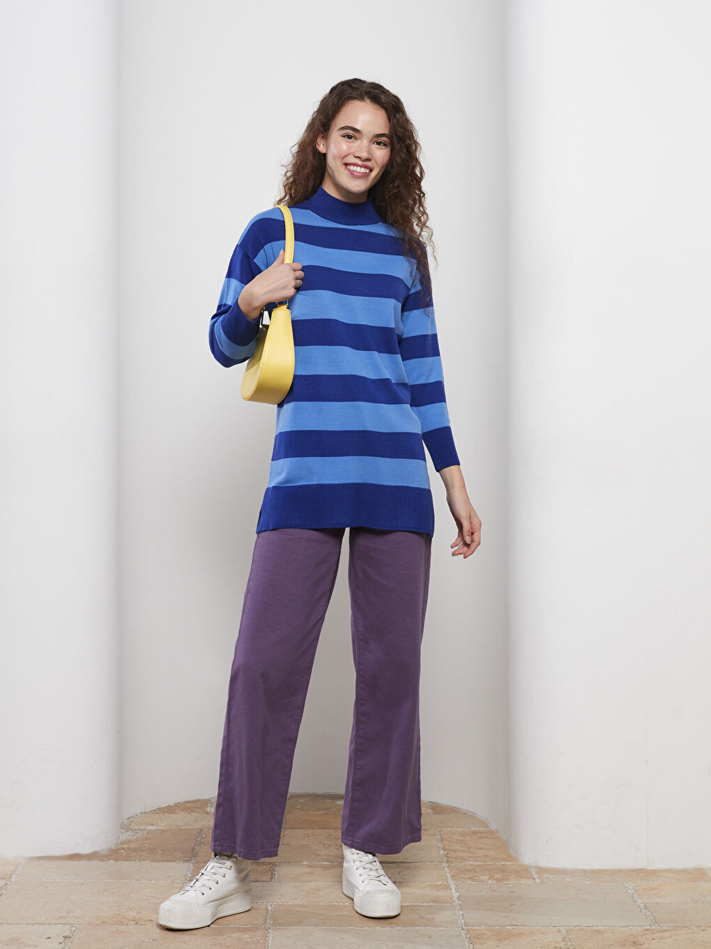 Mavi Dik Yaka Renk Bloklu Uzun Kollu Kadın Triko Tunik-3