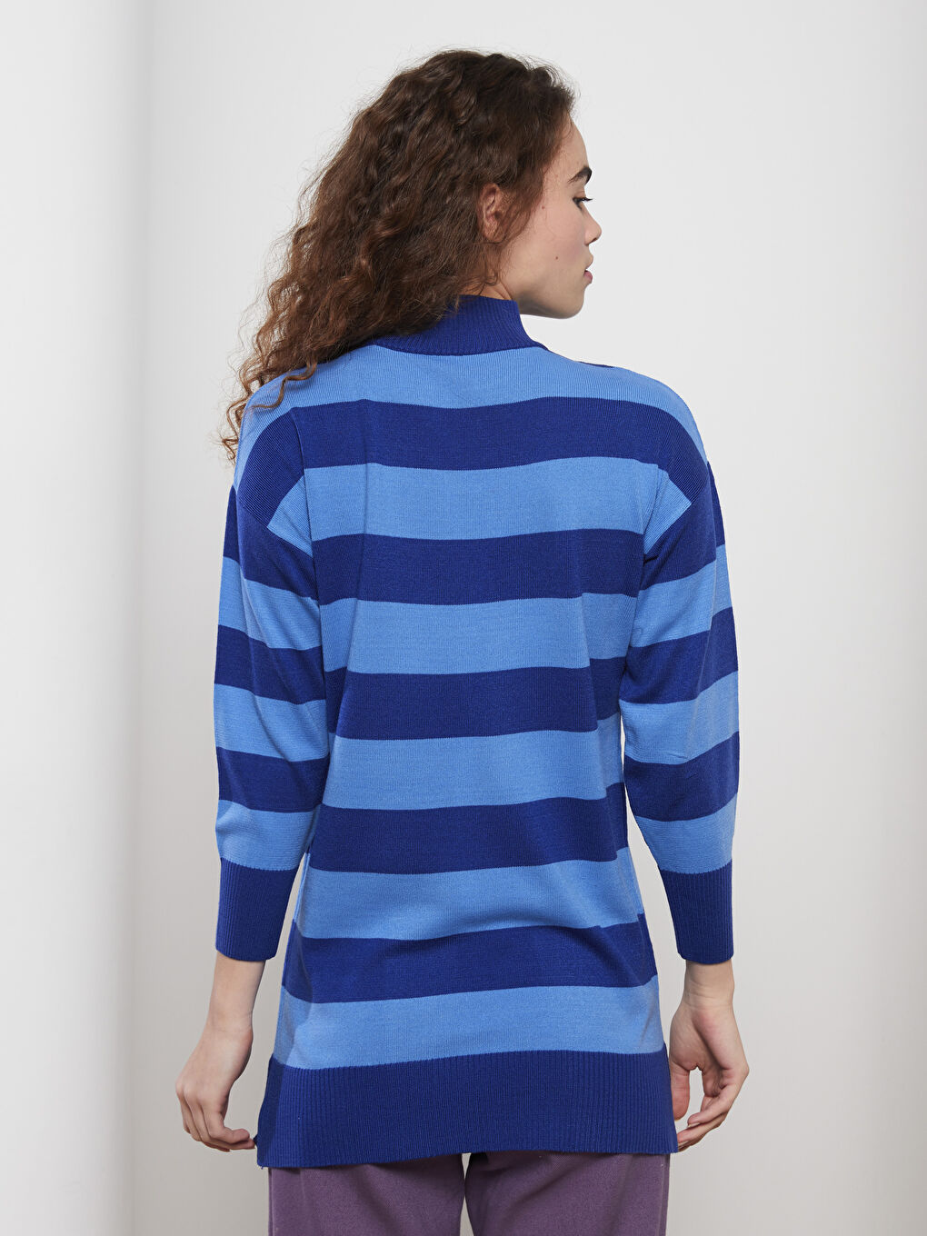 Mavi Dik Yaka Renk Bloklu Uzun Kollu Kadın Triko Tunik-9