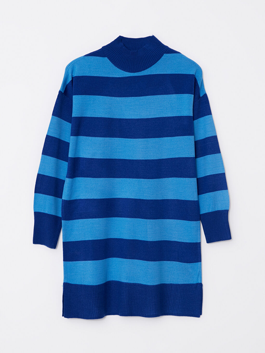 Mavi Dik Yaka Renk Bloklu Uzun Kollu Kadın Triko Tunik-10