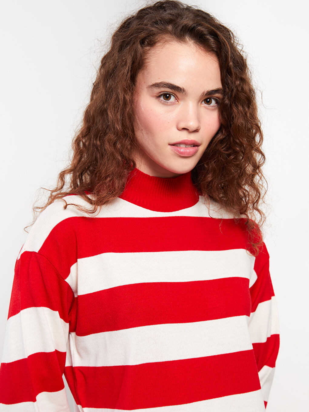 Kırmızı Dik Yaka Renk Bloklu Uzun Kollu Kadın Triko Tunik