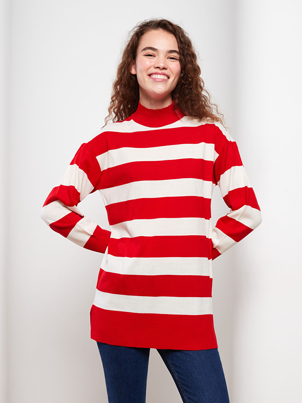 Kırmızı Dik Yaka Renk Bloklu Uzun Kollu Kadın Triko Tunik-1