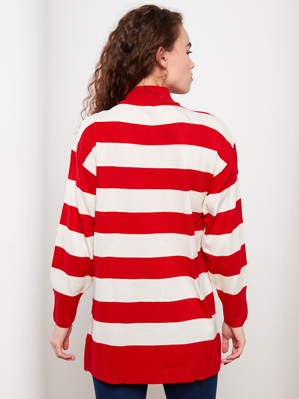 Kırmızı Dik Yaka Renk Bloklu Uzun Kollu Kadın Triko Tunik-3