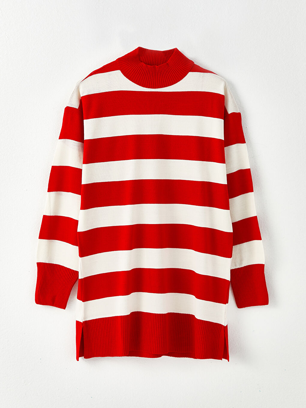 Kırmızı Dik Yaka Renk Bloklu Uzun Kollu Kadın Triko Tunik-4