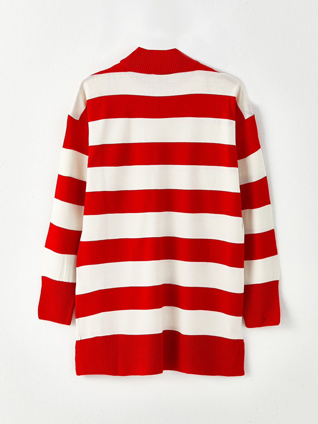 Kırmızı Dik Yaka Renk Bloklu Uzun Kollu Kadın Triko Tunik-5