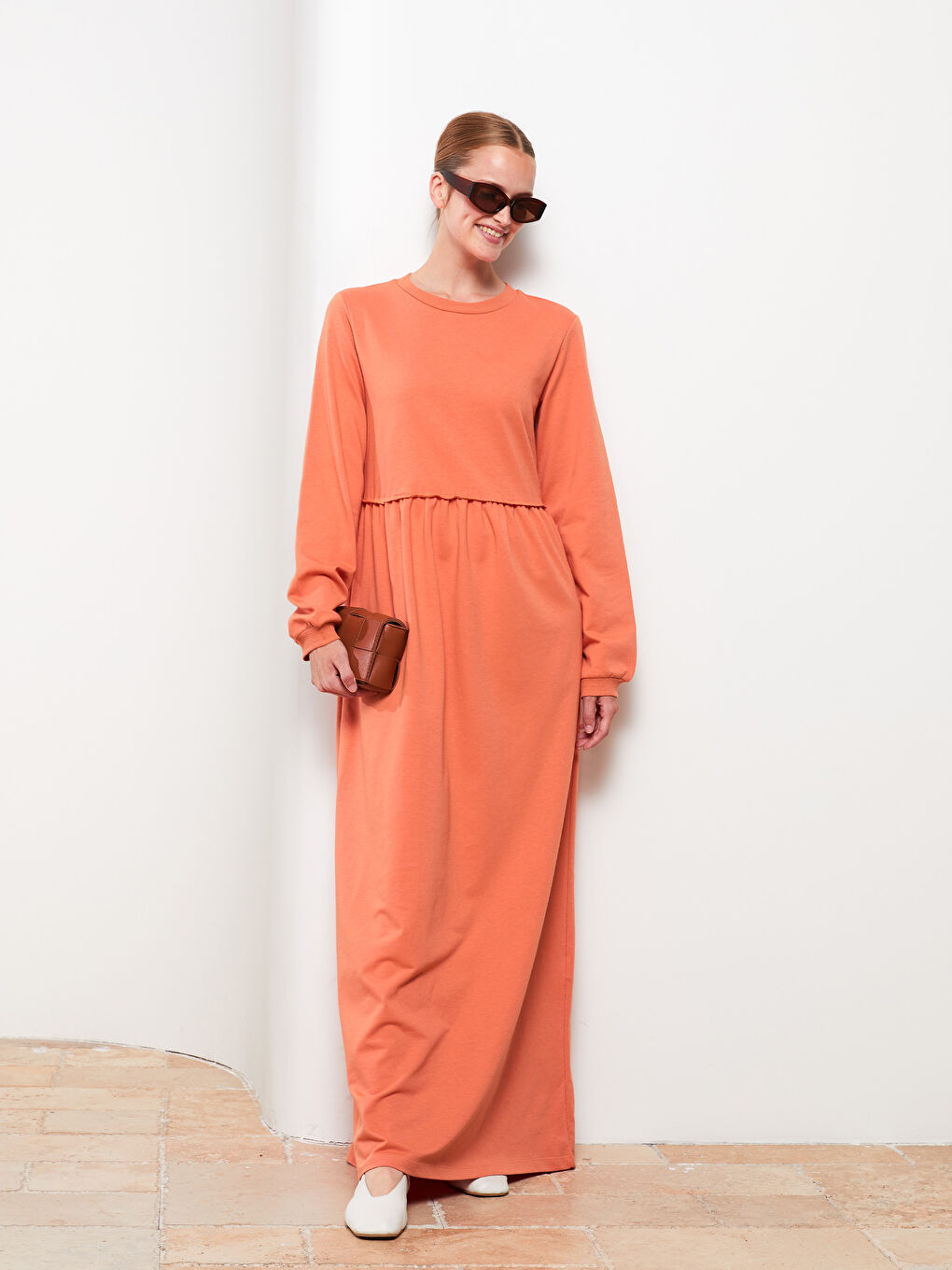 Turuncu Bisiklet Yaka Baskılı Uzun Kollu Kadın Elbise