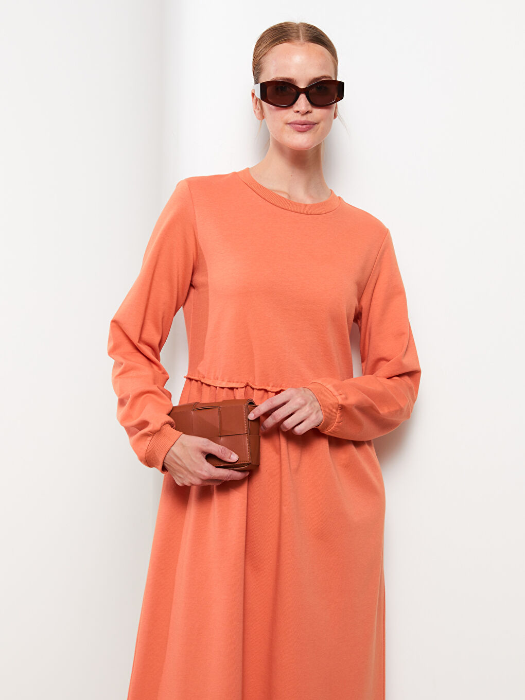 Turuncu Bisiklet Yaka Baskılı Uzun Kollu Kadın Elbise-1