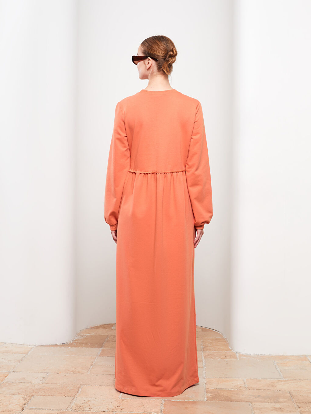 Turuncu Bisiklet Yaka Baskılı Uzun Kollu Kadın Elbise-4