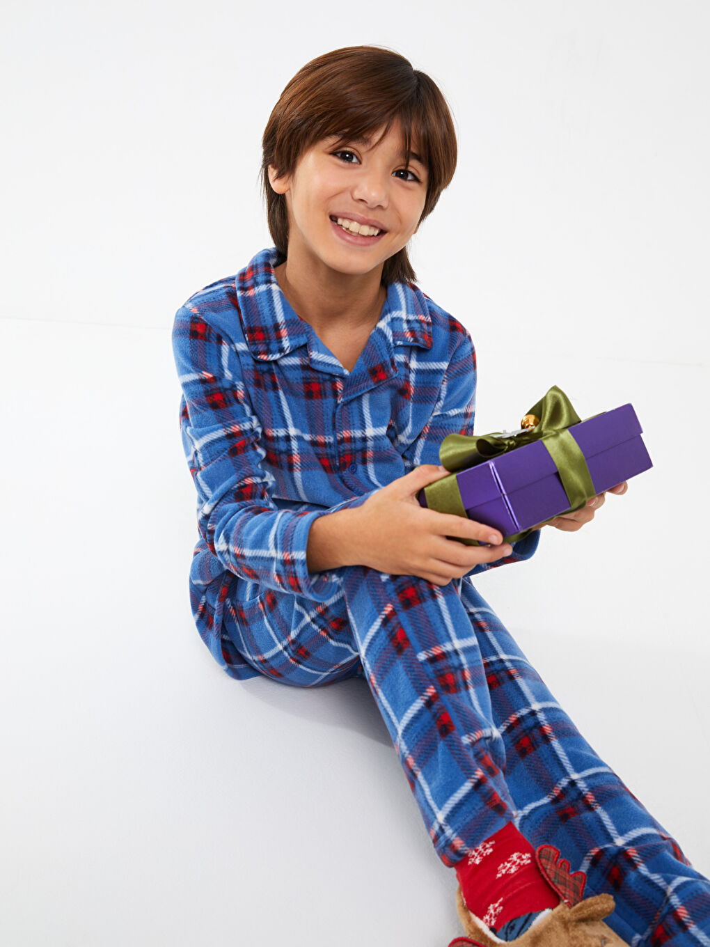 Mavi Gömlek Yaka Ekose Uzun Kollu Polar Erkek Çocuk Pijama Takımı-1