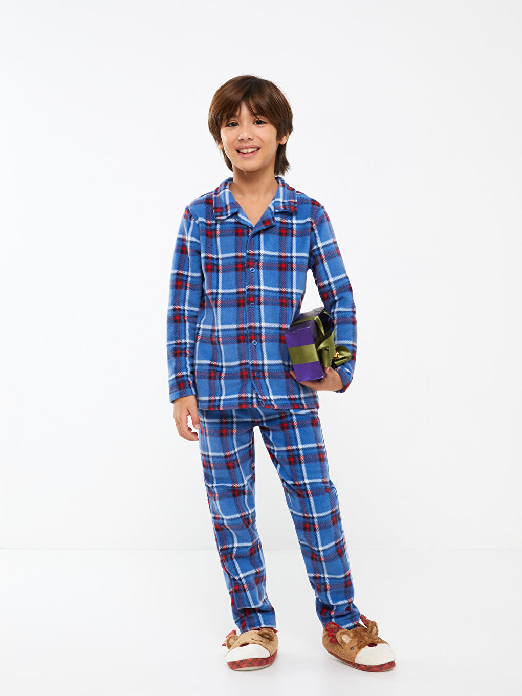 Mavi Gömlek Yaka Ekose Uzun Kollu Polar Erkek Çocuk Pijama Takımı-2