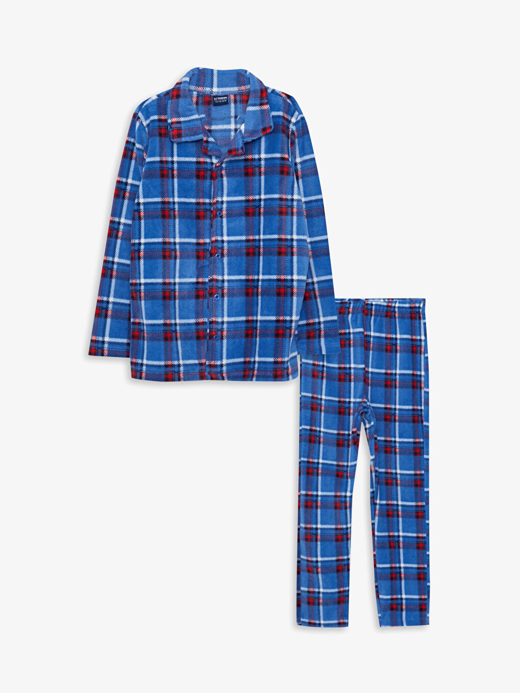 Mavi Gömlek Yaka Ekose Uzun Kollu Polar Erkek Çocuk Pijama Takımı-3