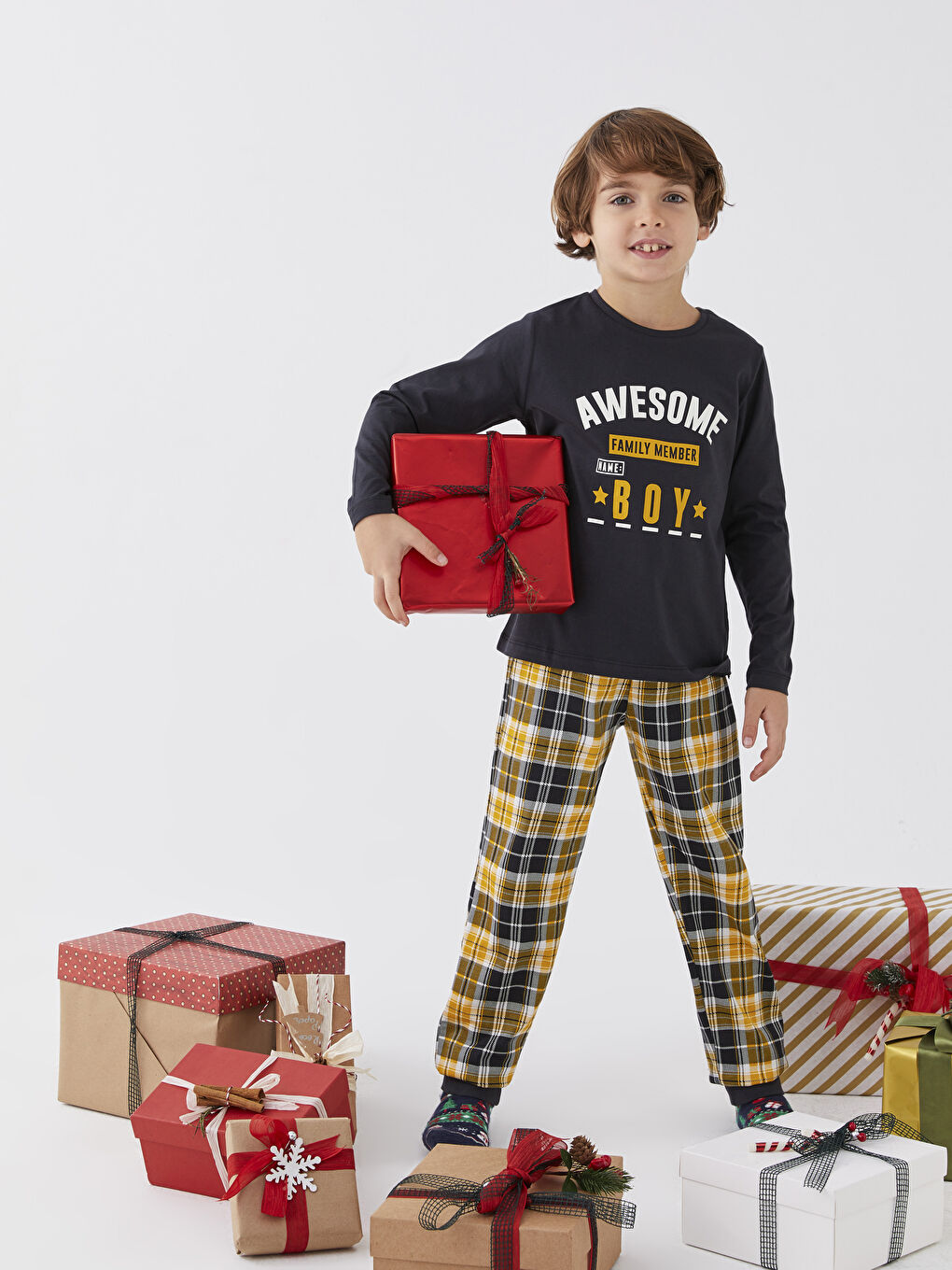 Antrasit Bisiklet Yaka Baskılı Uzun Kollu Erkek Çocuk Pijama Takımı-1