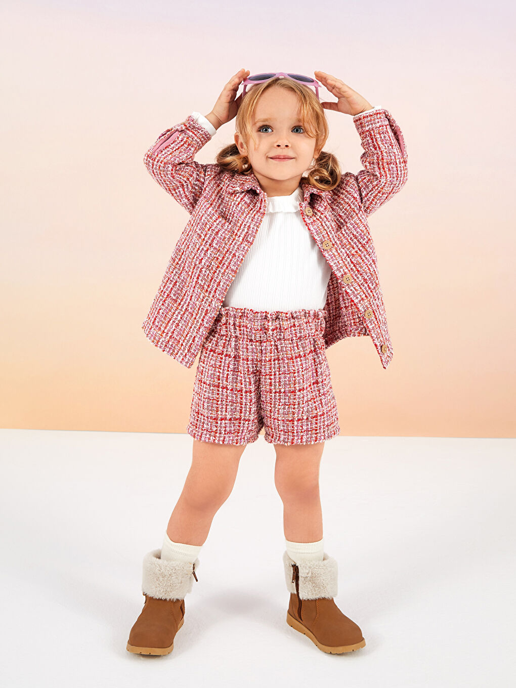 Kırmızı Polo Yaka Uzun Kollu Desenli Kız Bebek Ceket-1