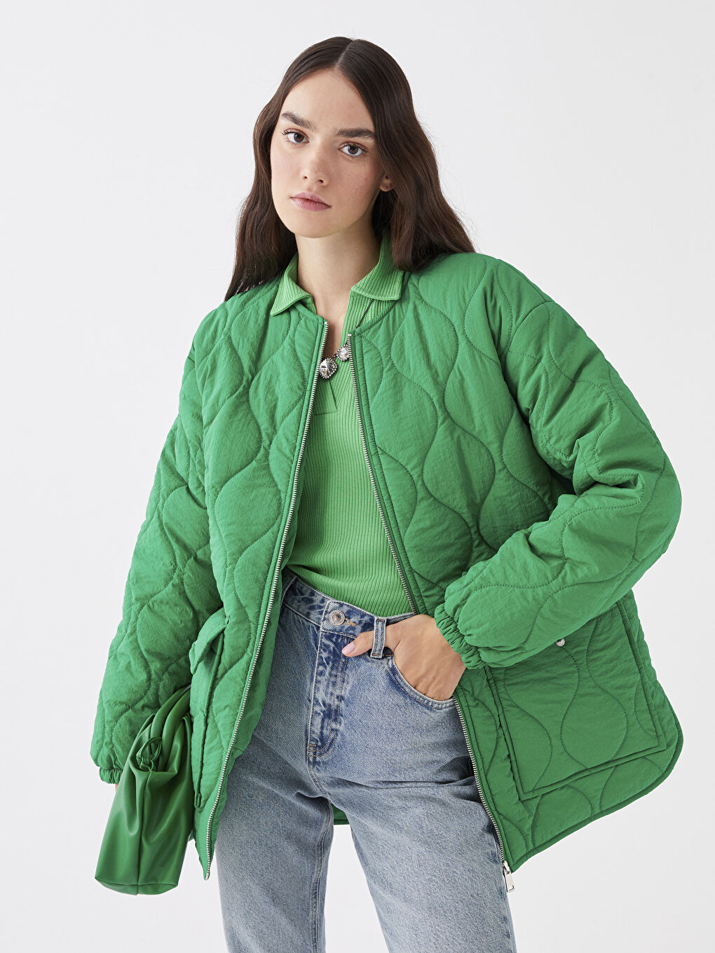 Yeşil Bisiklet Yaka Kendinden Desenli Kadın Şişme Mont-3