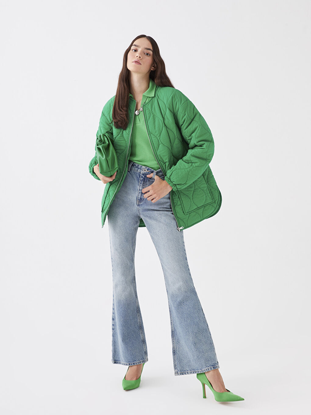 Yeşil Bisiklet Yaka Kendinden Desenli Kadın Şişme Mont-6